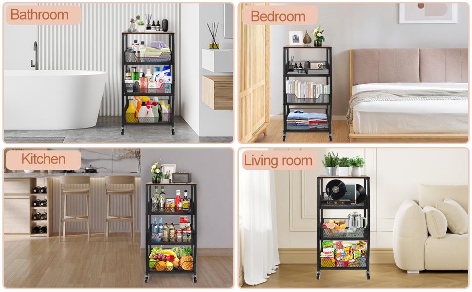 3-Tier Rolling Kitchen Utility Cart with Wood Top & Mesh Baskets - Mobile Storage for Fruits, Vegetables, Pantry, Laundry & More