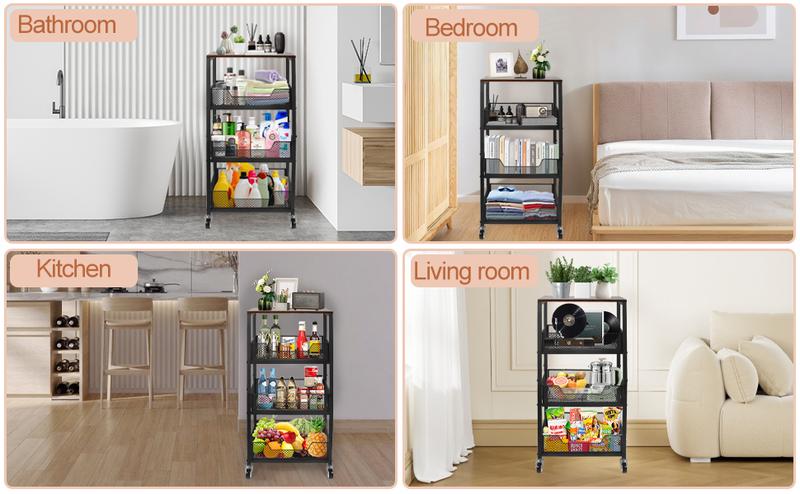 3-Tier Rolling Kitchen Utility Cart with Wood Top & Mesh Baskets - Mobile Storage for Fruits, Vegetables, Pantry, Laundry & More