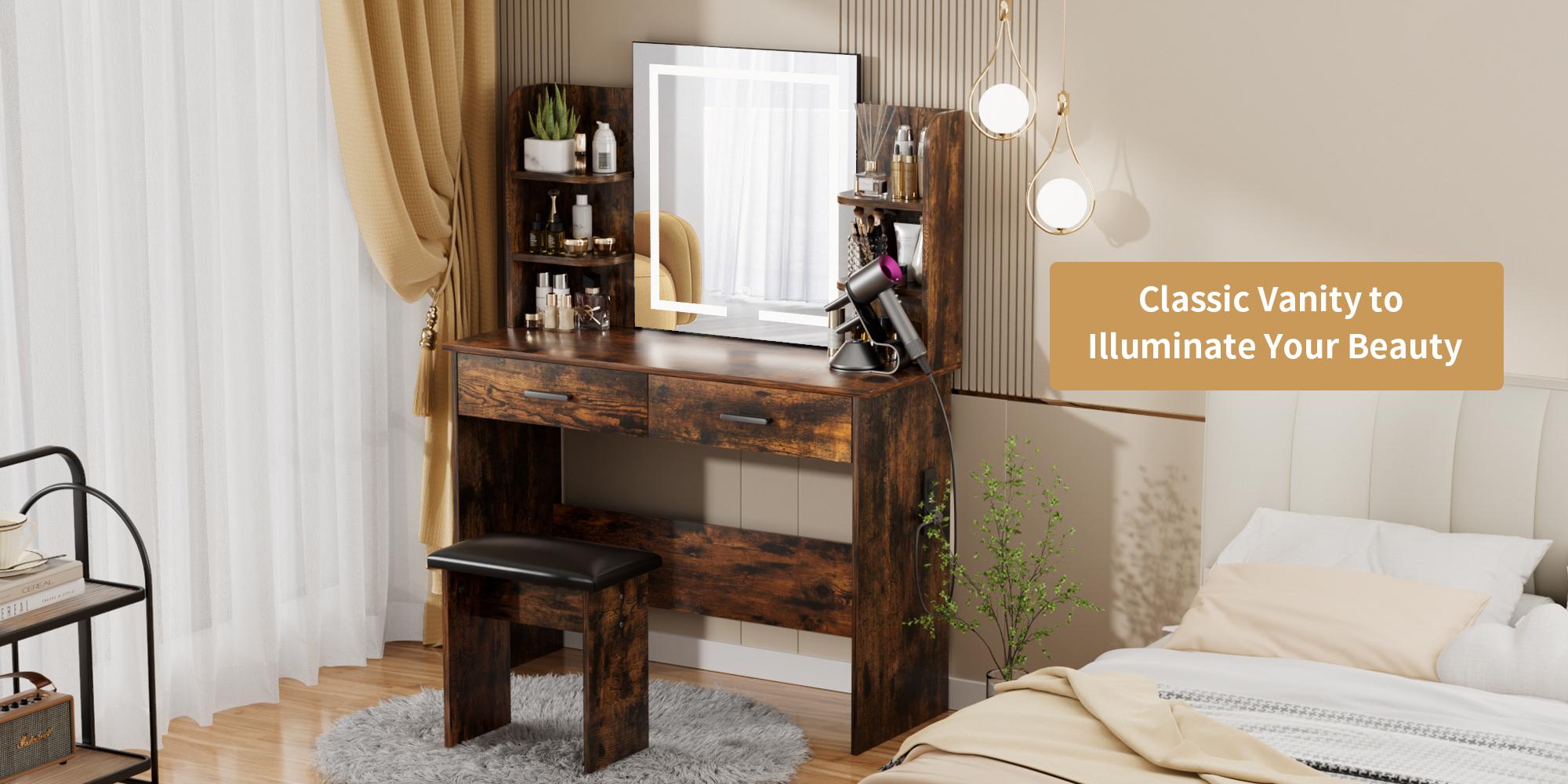 VOWNER Modern Makeup Vanity Desk with Lighted Mirror,2 Drawers,Cushioned Stool for bedroom, vanity mirror vanity table,Furniture Interior