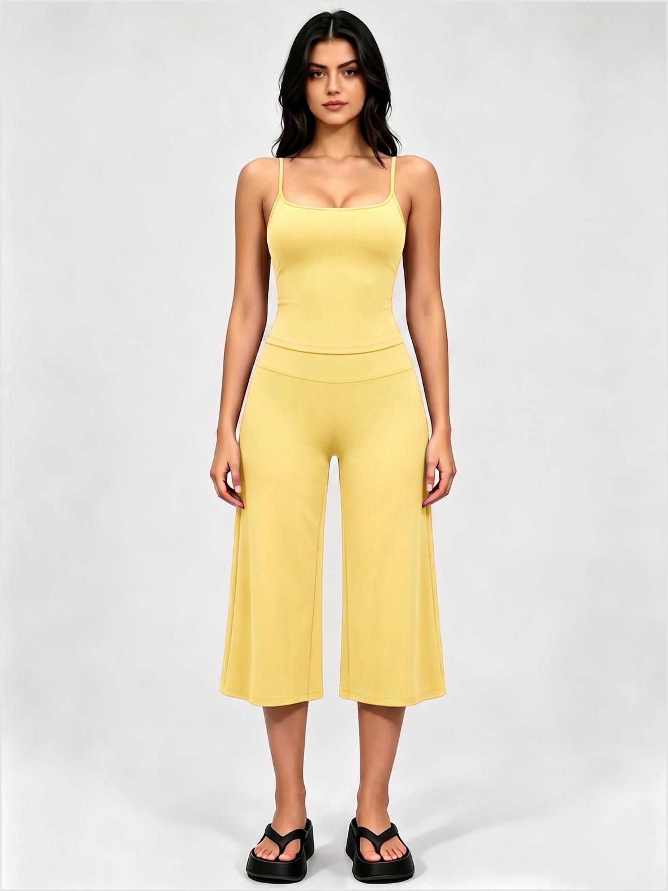 Adjustable Strap Top and High-Waist Wide-Leg Pants Set, Athleisure Summer Fitness Outfit, Soft Stretch Fabric, Sporty Style, Quick Dry, Suitable for Spring Summer Fall