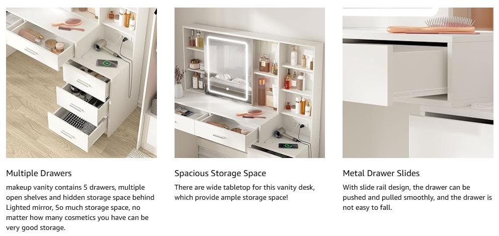 Vabches Vanity Desk with Mirror and Lights, White Vanity Table with 3 Color Lighting, Makeup Vanity Desk with Charging Station, 5 Drawer Storage, 5 Hooks, Hidden and Open Shelves Vabches Vanity Desk with Mirror and Lights, White Vanity Table with 3 Color Lighting, Makeup Vanity Desk with Charging Station, 5 Drawer Storage, 5 Hooks, Hidden and Open Shelves