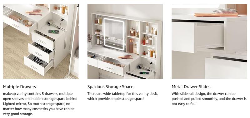 Vabches Vanity Desk with Mirror and Lights, White Vanity Table with 3 Color Lighting, Makeup Vanity Desk with Charging Station, 5 Drawer Storage, 5 Hooks, Hidden and Open Shelves Vabches Vanity Desk with Mirror and Lights, White Vanity Table with 3 Color Lighting, Makeup Vanity Desk with Charging Station, 5 Drawer Storage, 5 Hooks, Hidden and Open Shelves
