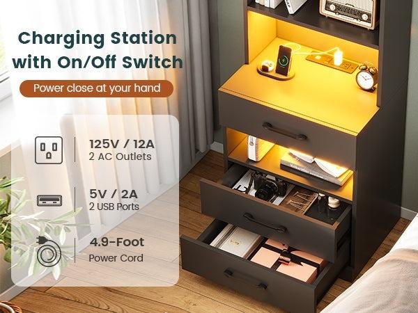 Sikaic  LED Tall Nightstand with Charging Station 3 Drawers And Bookshelf Adjustable Dressing Table Makeup Dressing Desk