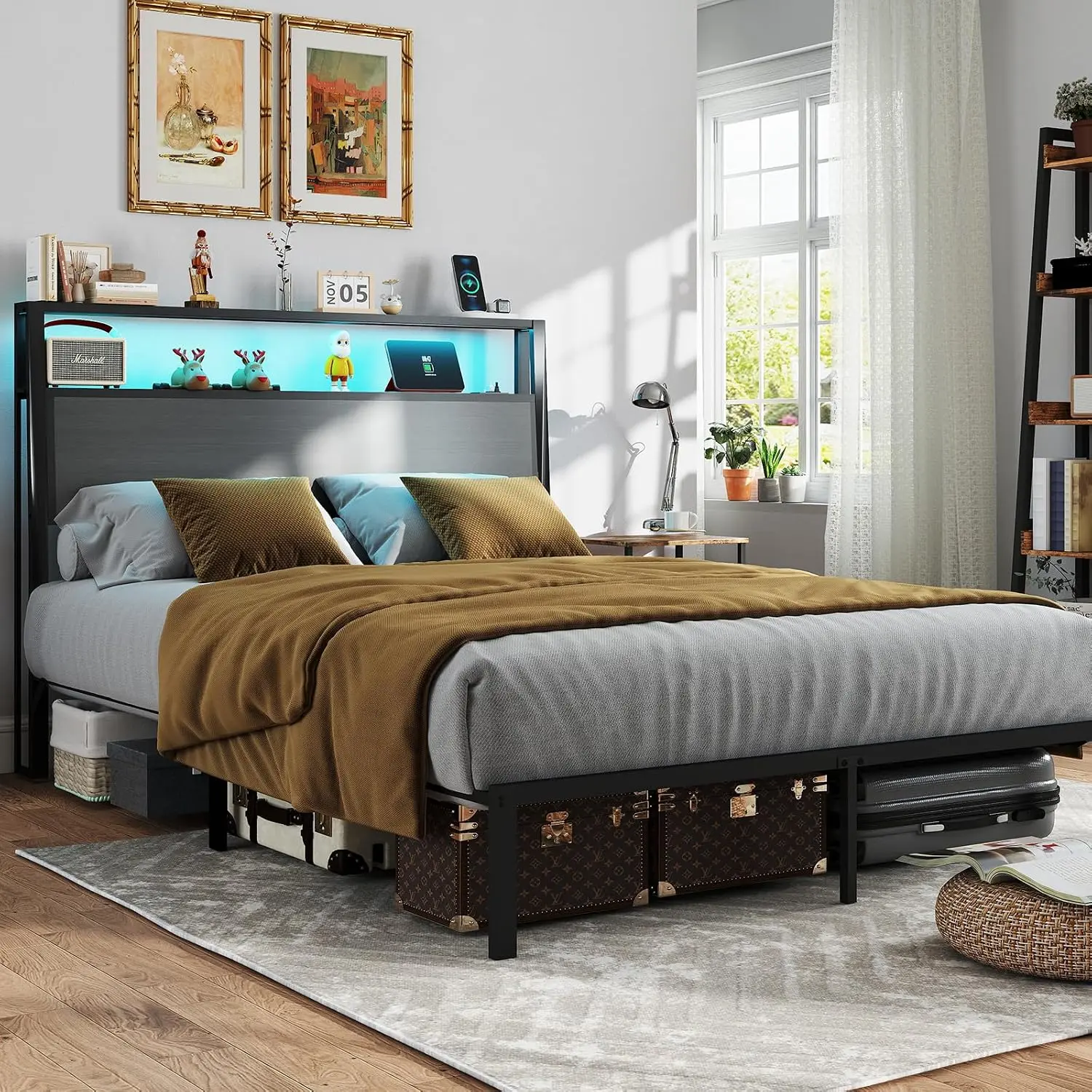 Queen Size Dark Grey Bed Frame - 2-Tier Wooden Storage Headboard, LED Lights, Built-in Charging Station, Noise-Free, Easy Assembly, No Box Spring Needed
