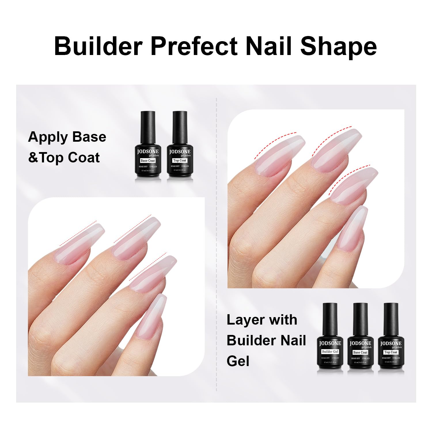 JODSONE 15ML Base Coat Top Coat & Builder Gel 3 PCS Gel Polish Set for Salon & Home Use Nail Care Manicure Kit