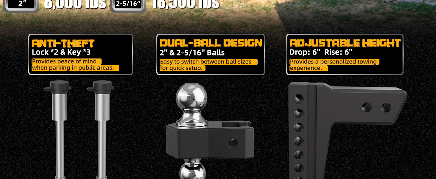 LOCAME Adjustable Trailer Hitch, Fits 2.5-Inch Receiver Only, 6-Inch Drop/Rise Aluminum Drop Hitch,18,500 LBS GTW-Tow Hitch for Heavy Duty Truck with Double Stainless Steel Locks, Black, LC0025