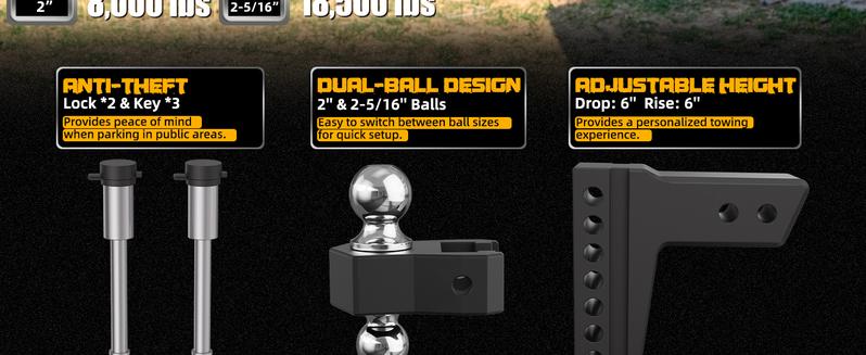 LOCAME Adjustable Trailer Hitch, Fits 2.5-Inch Receiver Only, 6-Inch Drop/Rise Aluminum Drop Hitch,18,500 LBS GTW-Tow Hitch for Heavy Duty Truck with Double Stainless Steel Locks, Black, LC0025