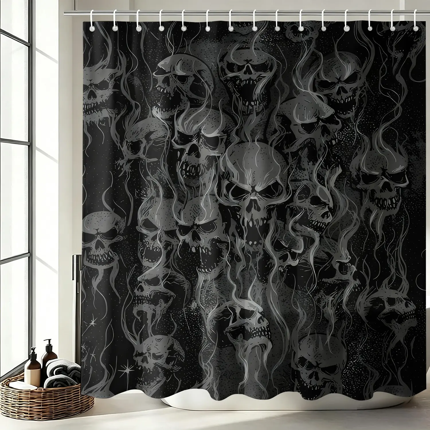 Gothic Black Skull Smoke Shower Curtain Set, Waterproof Cloth Fabric Bathtub Curtain 72"x72" with 12 Hooks, Dark Horror Skeleton Print, Halloween Gothic Bathroom Decor Accessories for Home