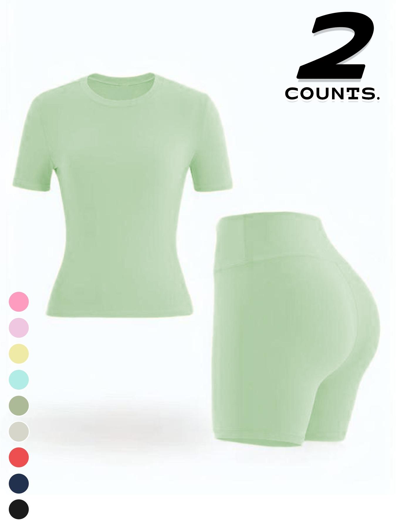 Women's Sport Yoga 2-Piece Set, Plain Short Sleeve T-Shirt and High Waist Shorts, Breathable Gym Running, All Seasons