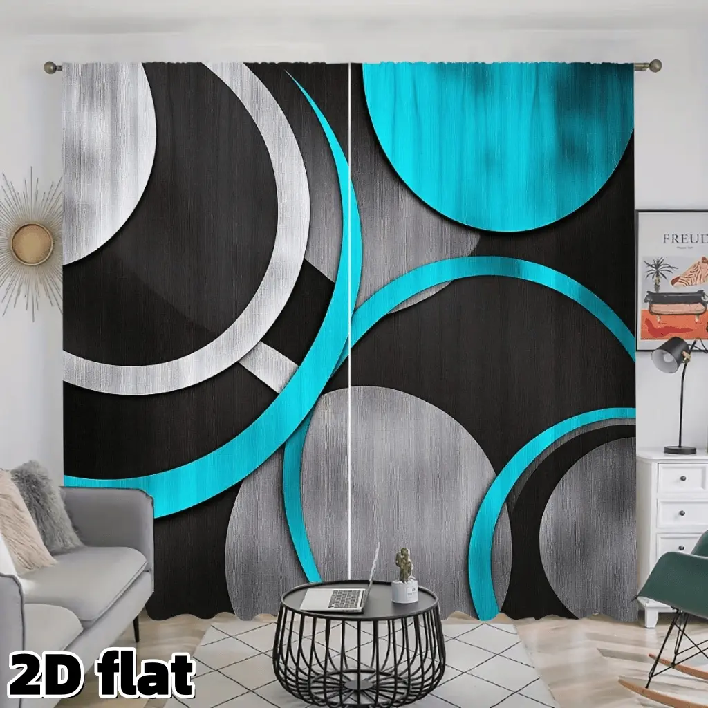 2D Flat 2Pcs Modern Geometric Curtains Abstract Circle Pattern Turquoise Black Grey Design Rod Pocket Style Semi Sunshade Polyester Fabric Suitable for Living Room Bedroom Kitchen Office Window Treatment Home Decor Privacy Protection
