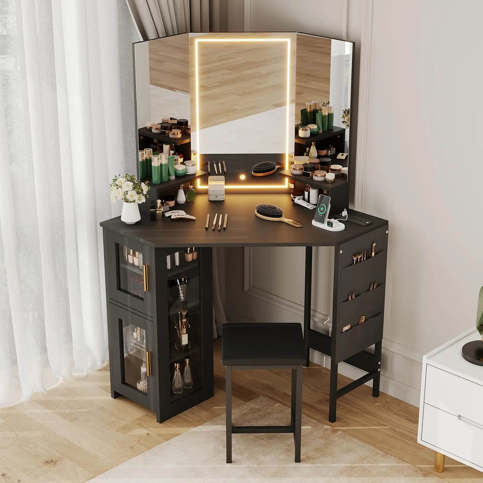 Garvee Corner Vanity Desk and Stool with LED Lighted Mirror