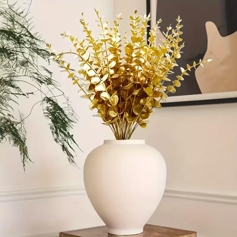 26 Gold Eucalyptus Branches, Artificial Leaves, 38cm Long, Perfect for Christmas and Valentine's Day Decor, Home Vase and Wedding Props, Plastic Material