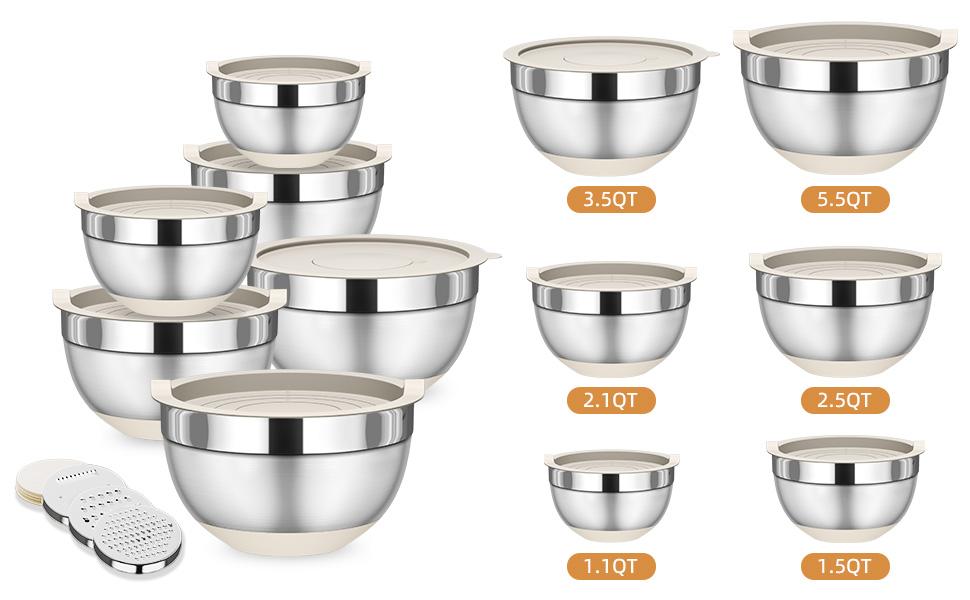 6 Piece Mixing Bowls with Lids Set, Stainless Steel Nesting Storage Bowls for Kitchen, with 3 Grater Attachments & Non-Slip Bottoms, Size 5.5,3.5,2.5,2.1,1.5,1.1 QT  Home Tableware