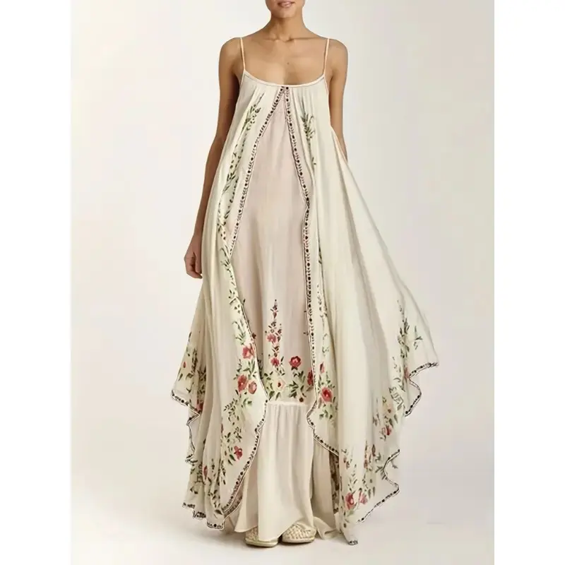 1pc Women's Floral Print Sleeveless Maxi Dress - Casual Polyester Spaghetti Strap Loose Fit Asymmetrical Hem Long Dress, Machine Washable All-Season Versatile for Beach, Picnic, Office & Party, Picnic Clothing, Lightweight Fashion Fabric Womenswear