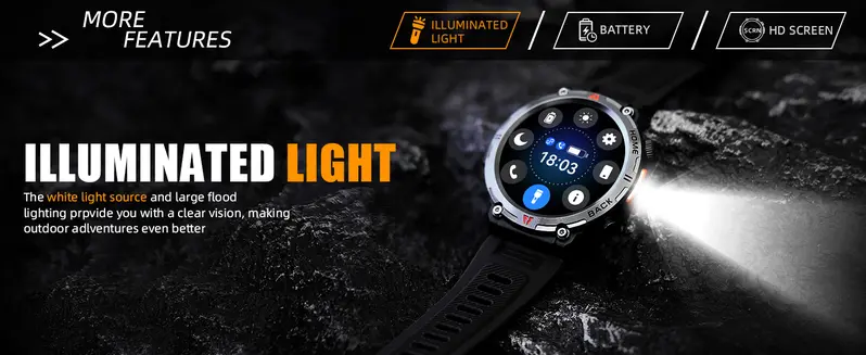 EIGIIS KE3 Rugged Wearable Smartwatch for Men - Electronic Gadgets with Call Receive/Dial, LED Flashlight, 3ATM Waterproof, 100+ Sports Modes, Pedometer, Durability, Motion Tracker Smart Watches, Camera Remote Ctrl (Swimming & Gift Compatible)