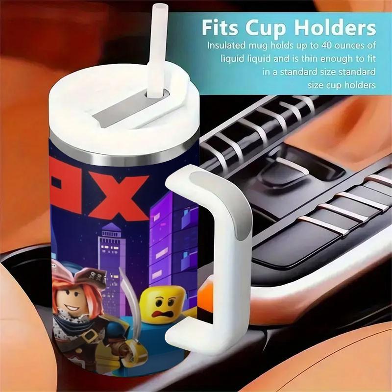 1pc Roblox Adventure 40oz Tumbler, Cartoon Game Character Car Insulated Cup, Slide Handle Large Capacity Straw Cup, Gaming Accessories Travel Mug