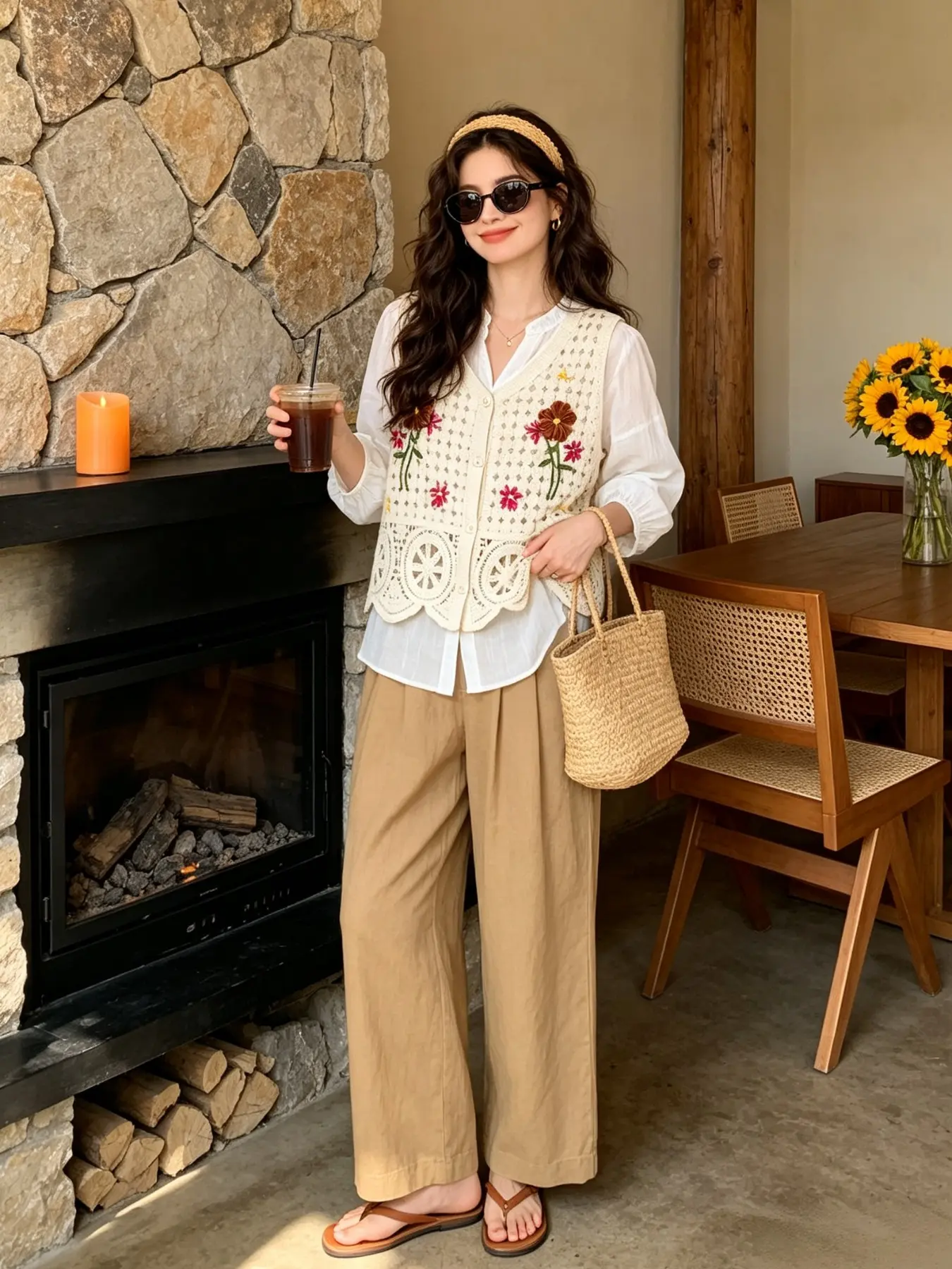 Sweet Boho Ethnic‑Style Crochet Patchwork Vest for Women, Floral Embroidered Hollow‑Out Sleeveless Knit Gilet, Soft Warm Layering Outer‑Wear, Ideal for Early‑Autumn & Indoor Daily Outfit