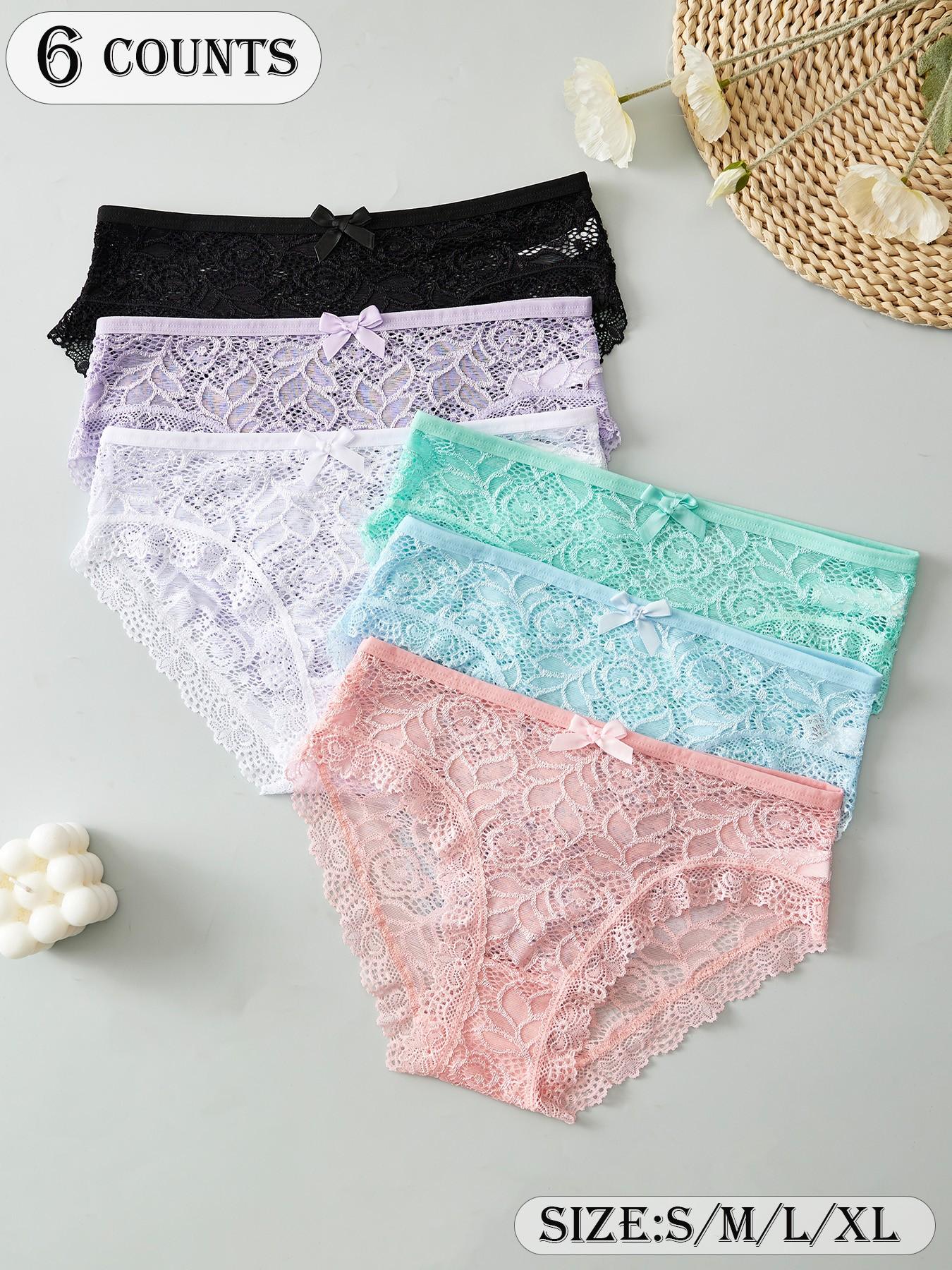 6-Pack Elegant Sexy Lace Floral Women's Briefs, Breathable Lightweight Comfort, Full Lace Semi-Transparent Design, Bow Decoration, All Seasons, Floral Lace Panties