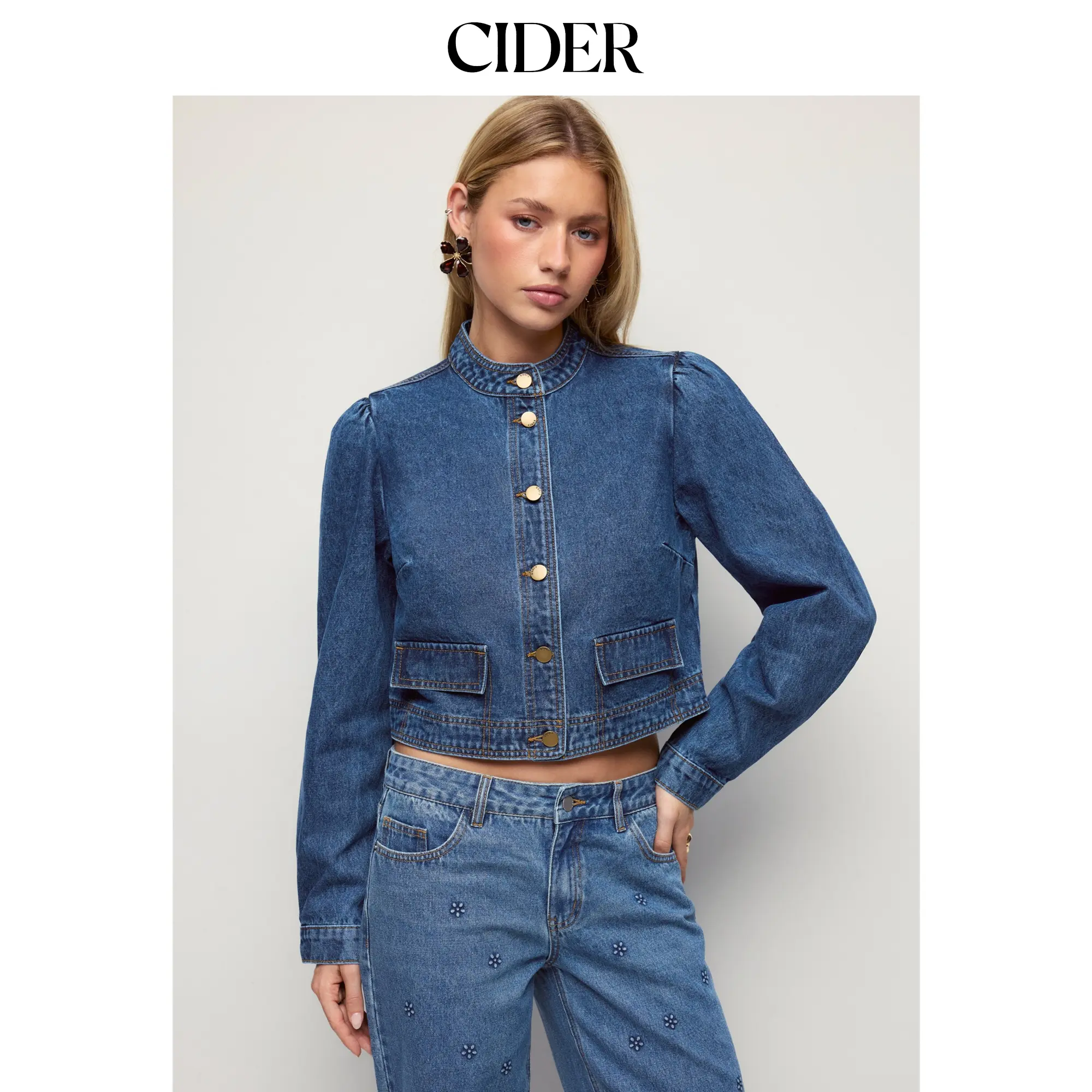 Cider Denim Washed Metal Detail Oversized Jacket
