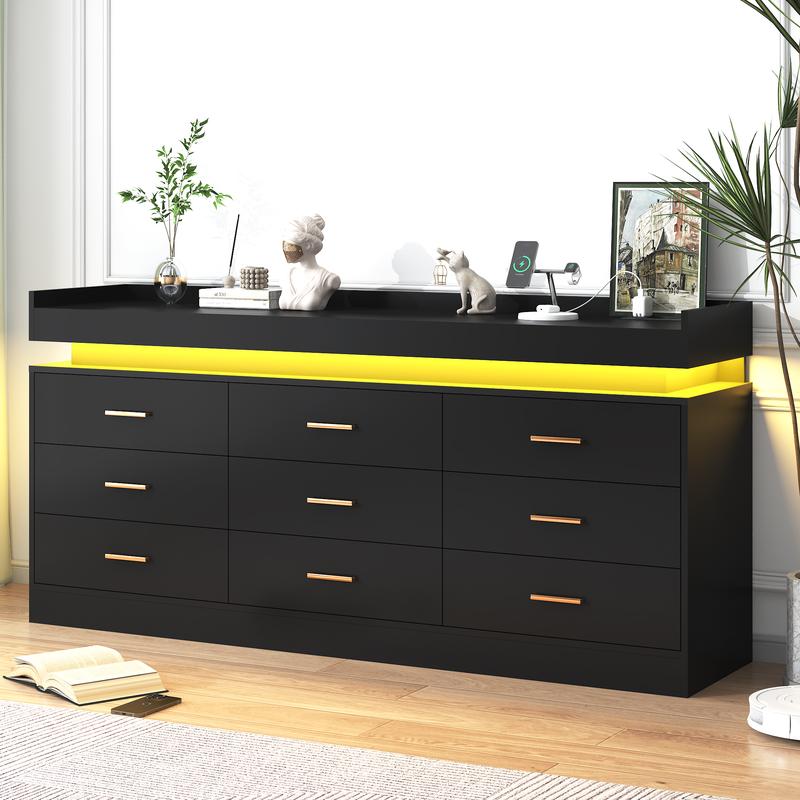 Dresser with LED Light, Modern Chest of Drawers for Closet, Wide Drawer Organizer Cabinet for Bedroom, Living Room, Entryway, Hallway, White/Black