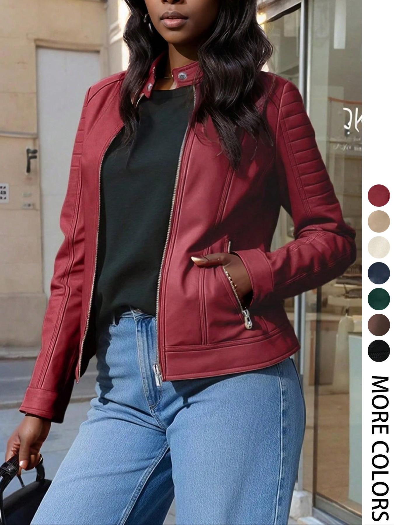 Giolshon Women's Vintage PU Jacket for All Seasons, Casual Fitted Outdoor Commute & Date Wear, Stylish Plaid & Plain Designs