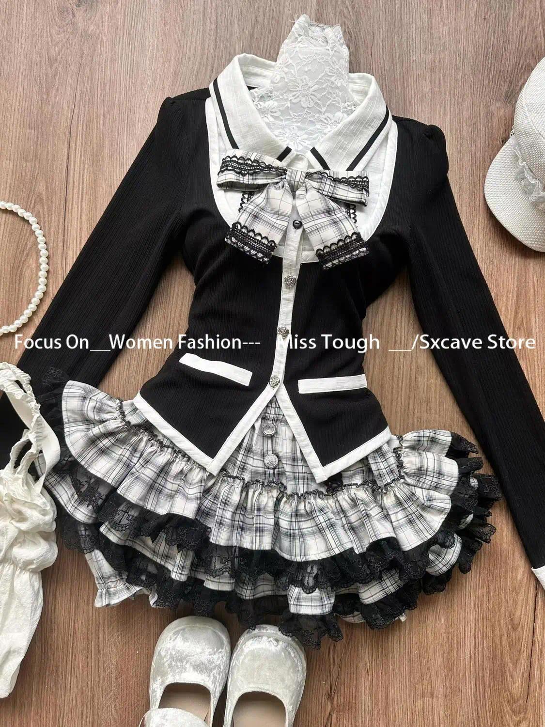 Korean 2 Piece Sets Women Casual Bow Y2k Crop Top Blouse + Mini Skirts 2000s Vintage Suits Chic Japanese Kawaii Clothing Autumn, Cute, Bow Detail