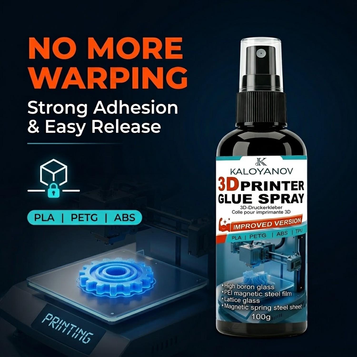 Upgraded 3D Printer Glue Spray Strong Bed Adhesion Anti-Warping Adhesive for PLA PETG ABS TPU Filament Perfect First Layer on PEI Sheet Glass Bed Magnetic Spring Steel 3D Printing Accessories No Curling Easy Release 100g Must Have Tech Tool