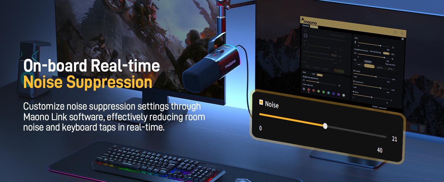XLR/USB Gaming Microphone for PC, Dynamic Computer Mic for Streaming Podcasting, Noise Reduction, Mute, Volume Control, RGB Boom Mic for Vocal Recording,Voice-Over, PD100XS Black