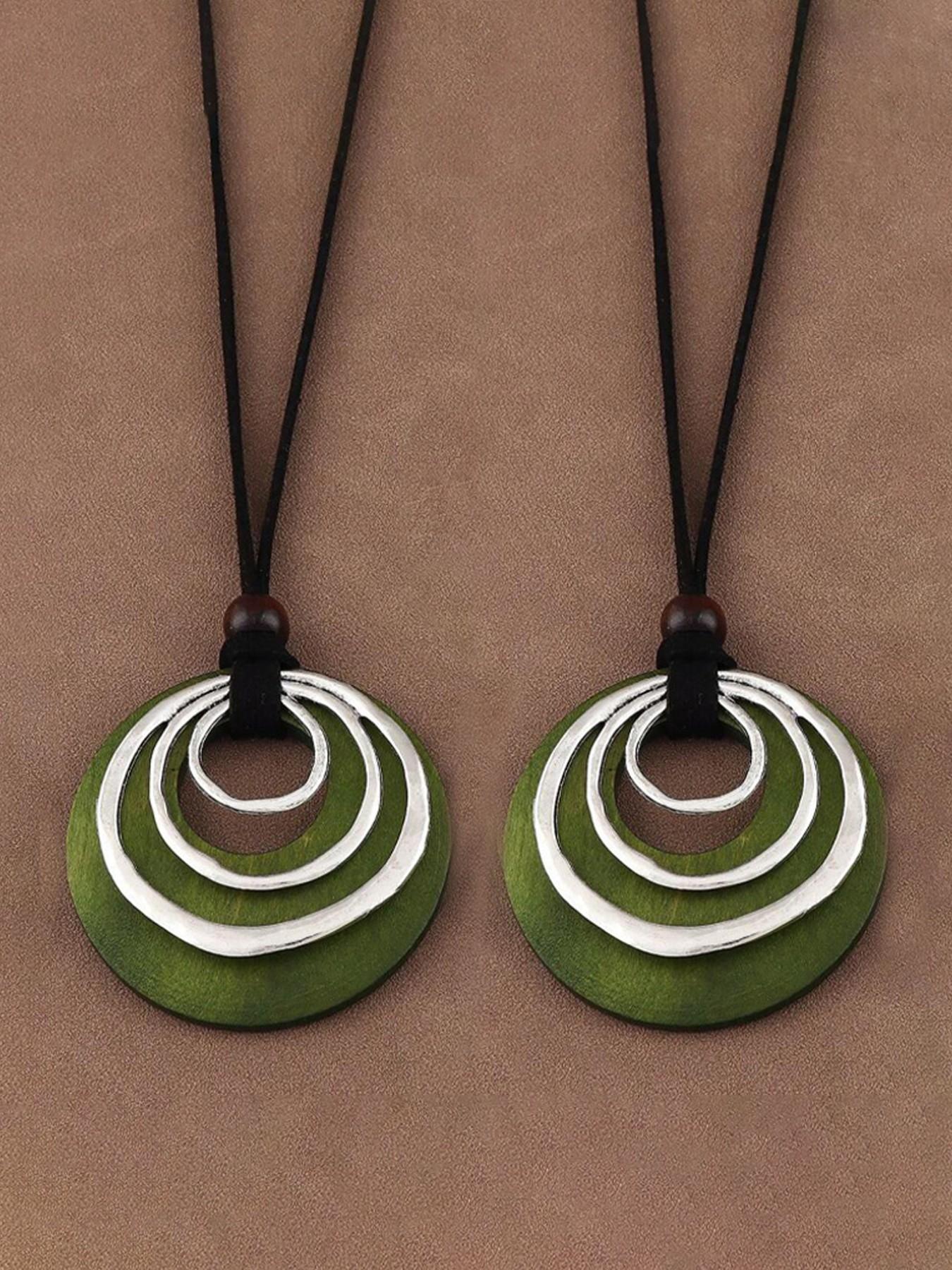 1pc Leather Cord Chain Multilayer Geometric Circle Wooden Pendant Necklaces Vintage Long Suede Necklace Jewelry For Daily Wear