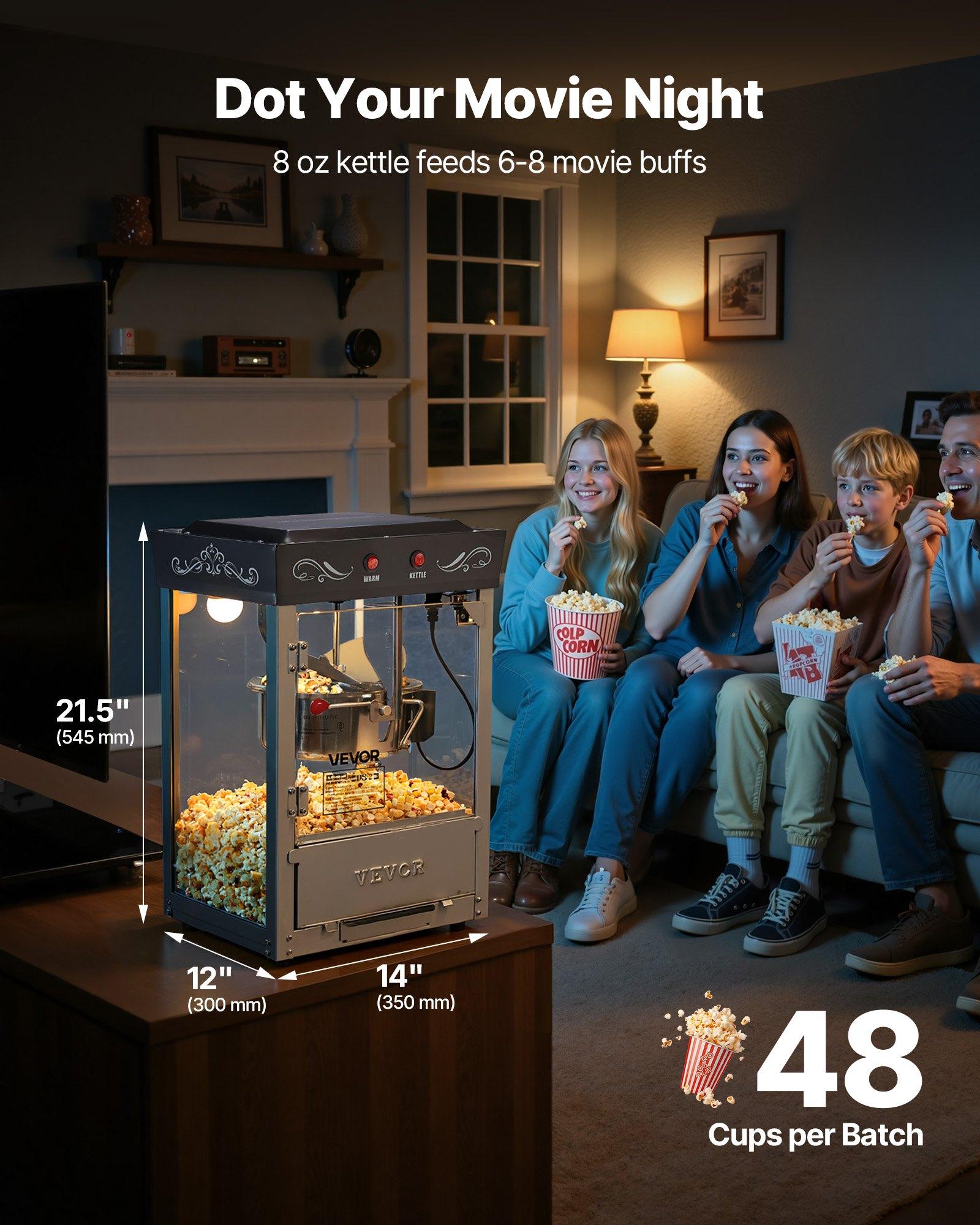 VEVOR Commercial Countertop Popcorn Machine for Commercial Users, 8 oz Stainless Steel Kettle, 800W Power, 48 Cups Per Batch, 20 Lbs/ 9.43 Kg Capacity, 2-Button Control, Glass Door, PC Wall, 1 Scoop, 3 Spoons, Black