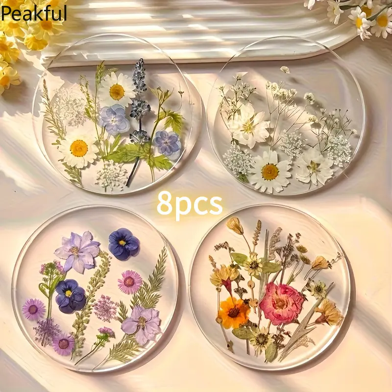 4/8pcs Acrylic Floral Coaster Ornament Round Flower Printed Table Mat For Kitchen Desk Dining Decor Ideal Mothers Day Holiday Gift Accessories