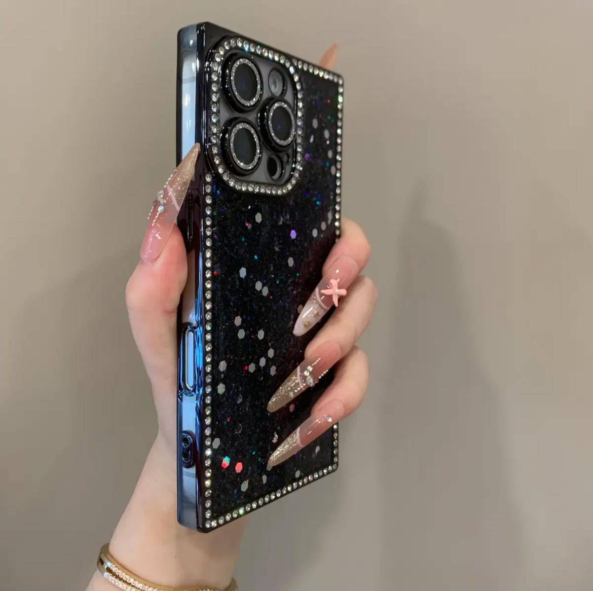 Electroplated Rhinestone Frame Sequin iP 16 Pro Phone Case Compatible with iP 15 14 13 Shockproof Protective Golden Customized Cover Casing