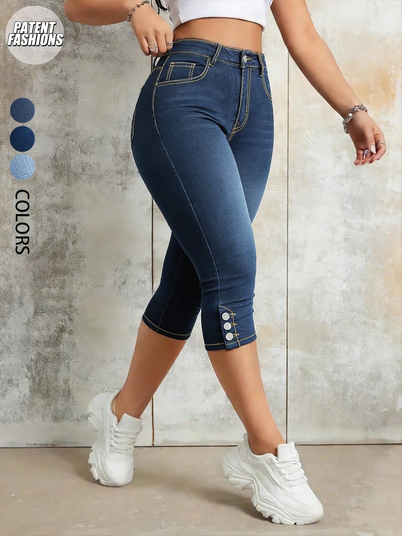 Women's Elastic Slim Fit Denim Capri Jeans, Button Fly Detail, Functional Pockets, Butt Lifting, Casual Daily Wear, Everyday, All Seasons