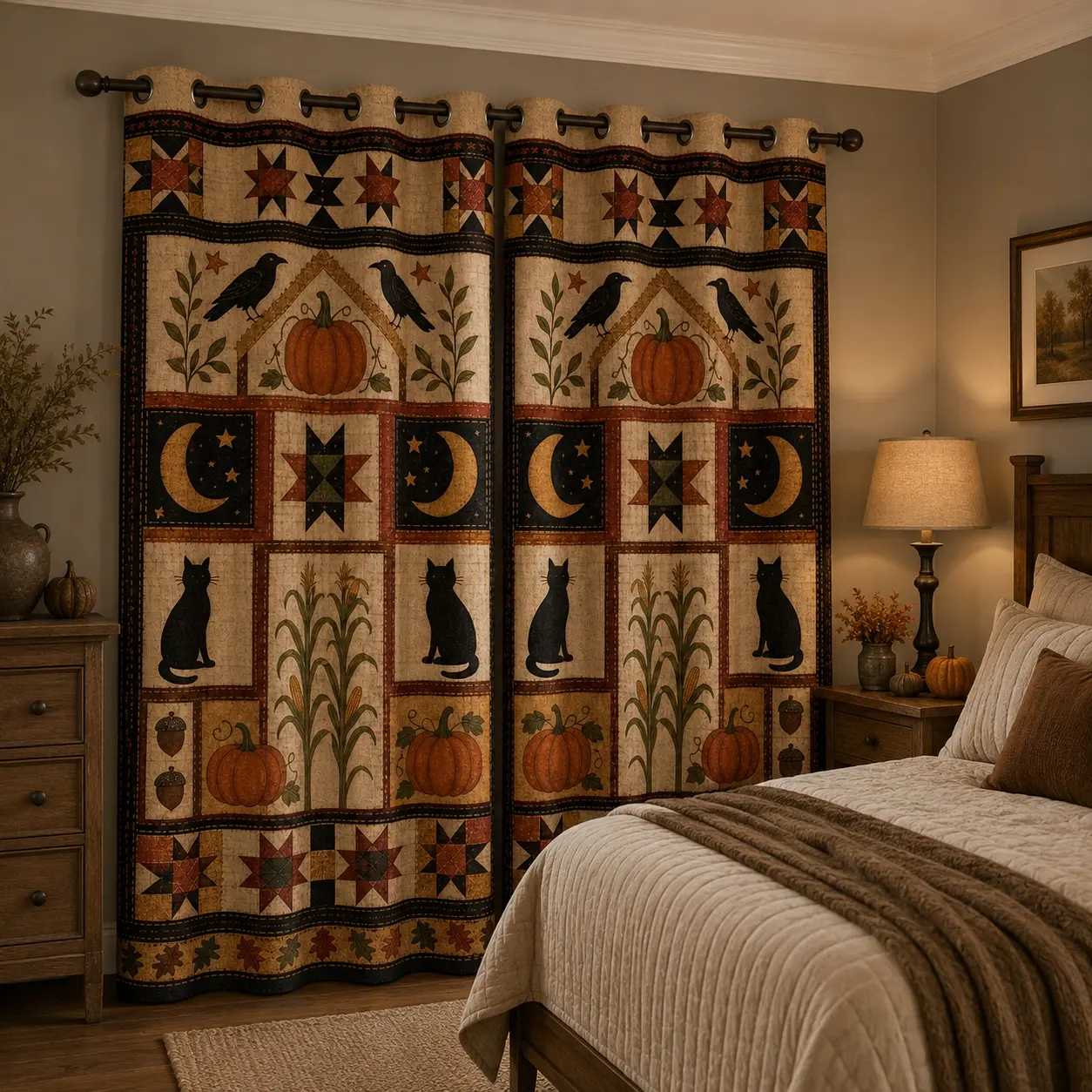 Grommet Top Fall Harvest Blackout Curtain Set, 2-Panel Farmhouse Patchwork Print with Pumpkins, Black Cats, Ravens, Moon, Room-Darkening Drapes for Bedroom, Living Room