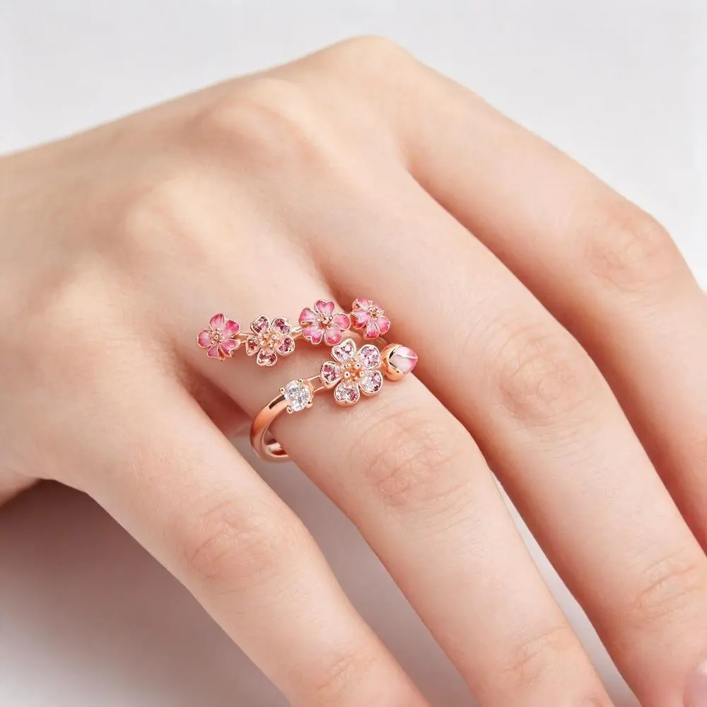Elegant Rose Gold Cherry Blossom Open Ring for Women, Dainty Enamel Flower Paved Crystal Adjustable Wrap Ring, Fashion Floral Statement Hand Jewelry