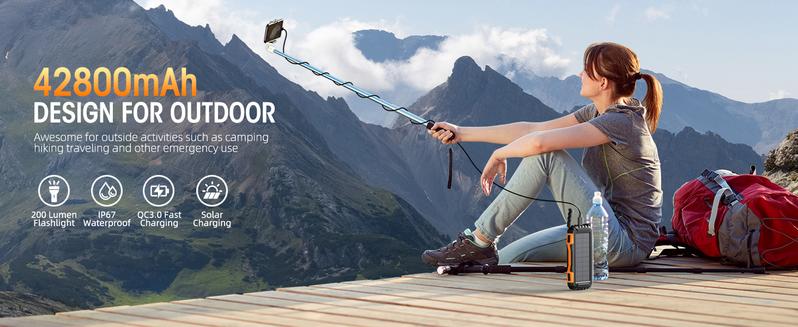 Power-Bank-Solar-Charger 42800mAh Portable Charger External Battery Pack 5V3.1A QC 3.0 Fast Charger with Super Bright Flashlight IP67 Waterproof - Phone