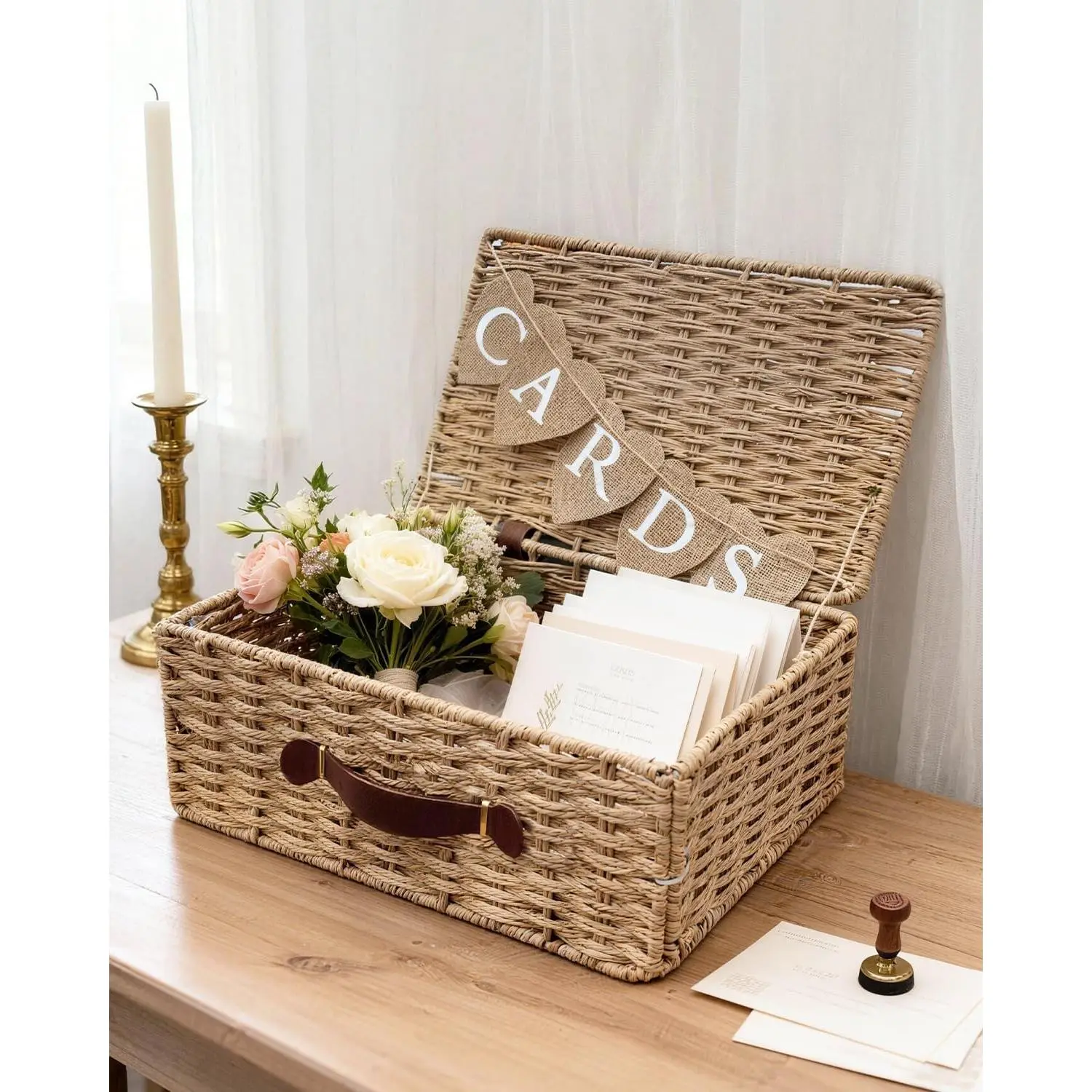 Large Card Box for Wedding 14.2" Seagrass Card Basket with Letter Flag