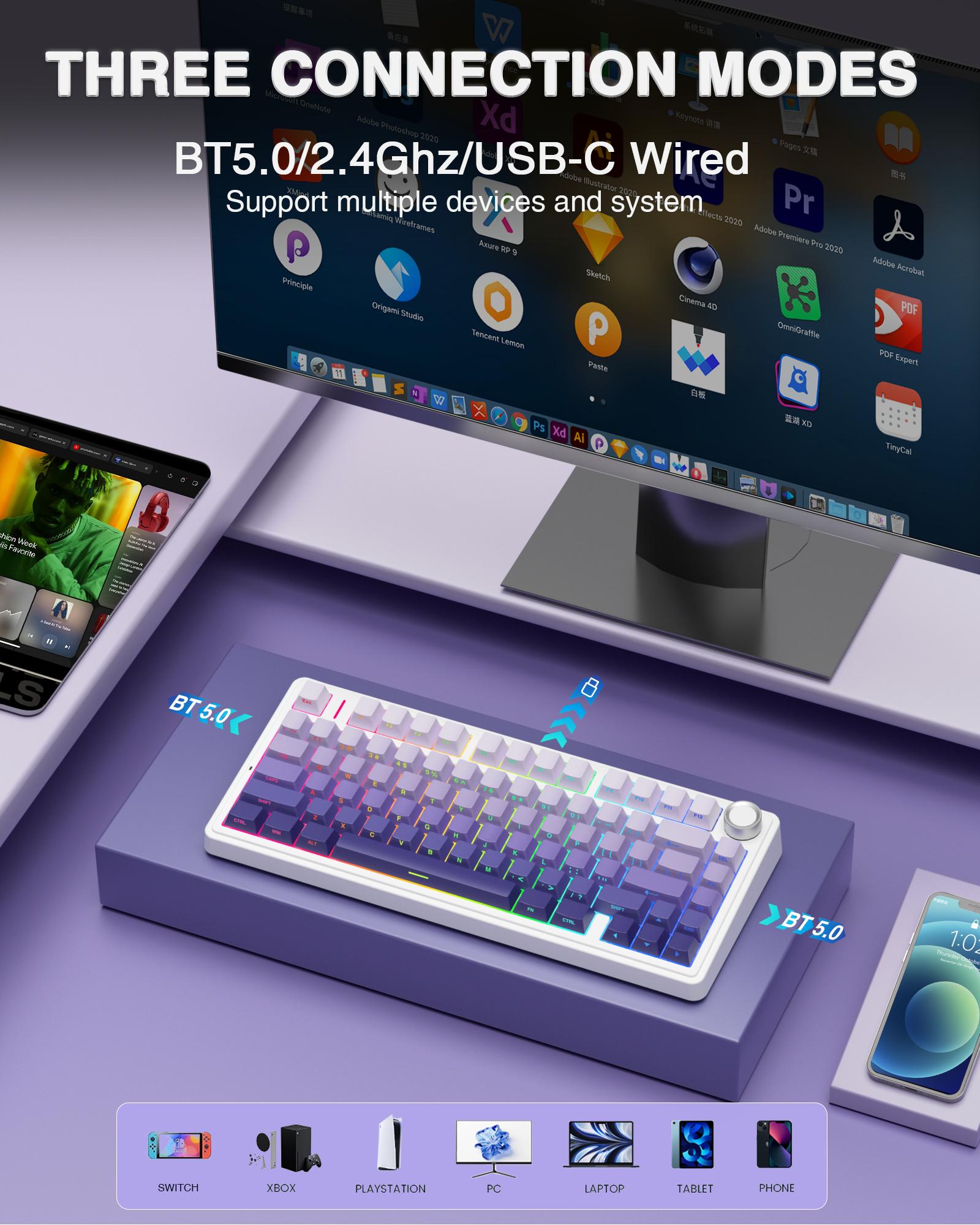 AULA Wireless Keyboard and Mouse Combo, F75 Pro Wireless Mechanical Keyboard,75 percent Gasket Hot Swappable Custom Keyboard+SC580X Wireless Gaming Mouse Light Purple office computer backlit creamy keyboard gaming accessory wireless mouse keyboard Set