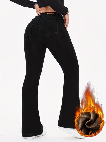 Women's Fall Winter Fleece Lined Jeans, Warm Comfortable Stretchy Denim Jeans, High Waist Slim Fit Casual Wear, Pants