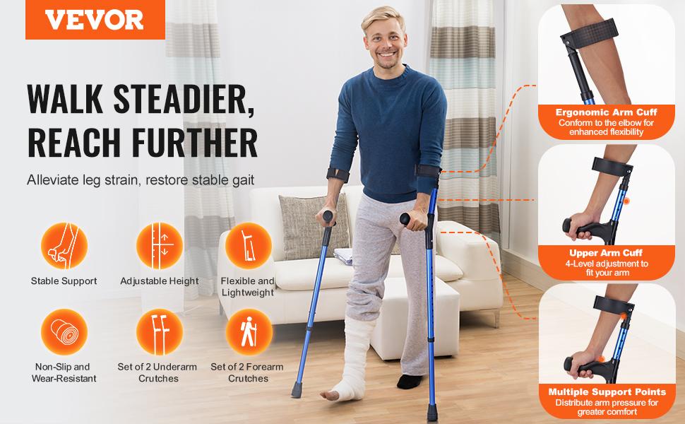 VEVOR Forearm Crutches for Adults, 11-Level Height Adjustable Walking Crutches with 4-Level Upper Cuff, Lightweight Aluminum Medical Support Crutches for Leg Injury Surgery Disabled, 1 Pair (350LBS)