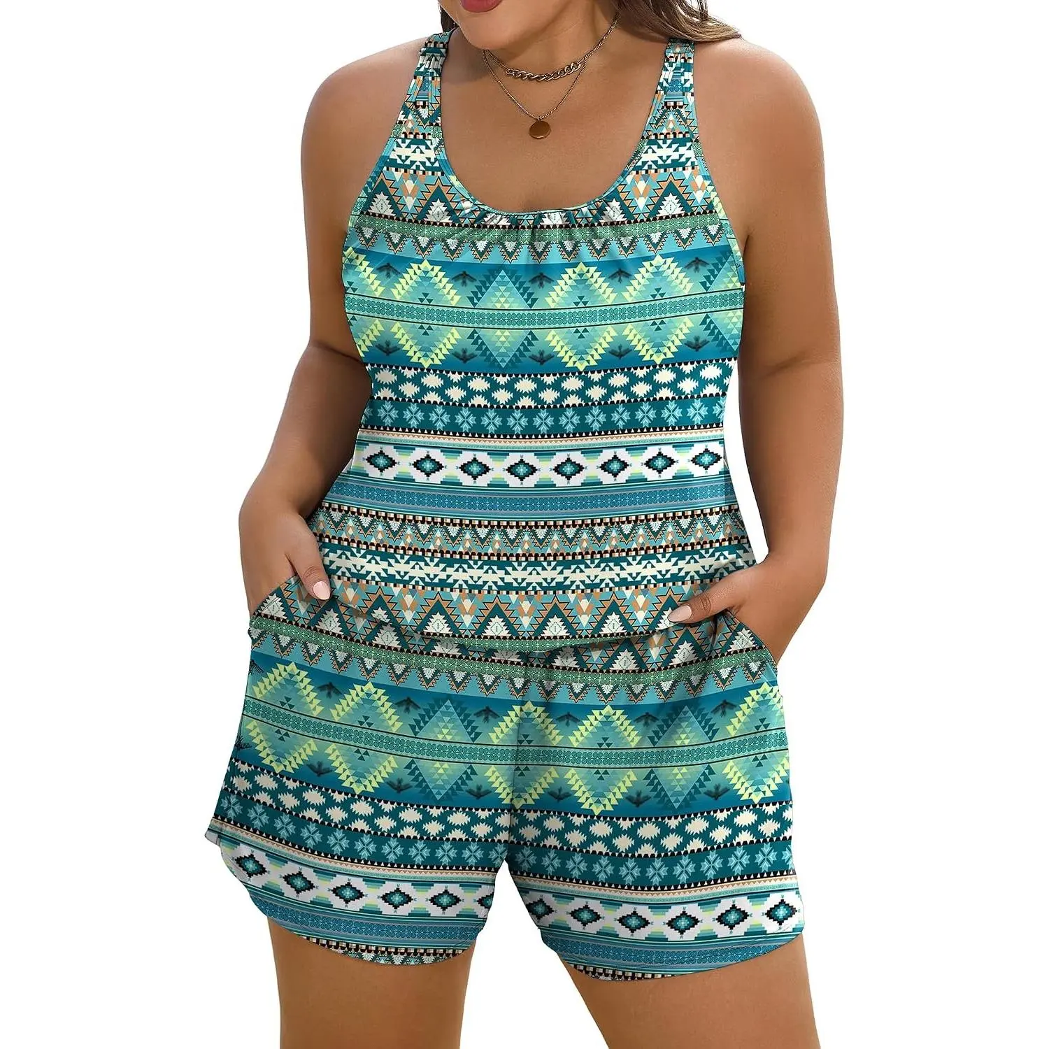 Women's Plus Size Modest One Piece Swim Romper Swimsuit with Pockets (S-24W)(Gift)