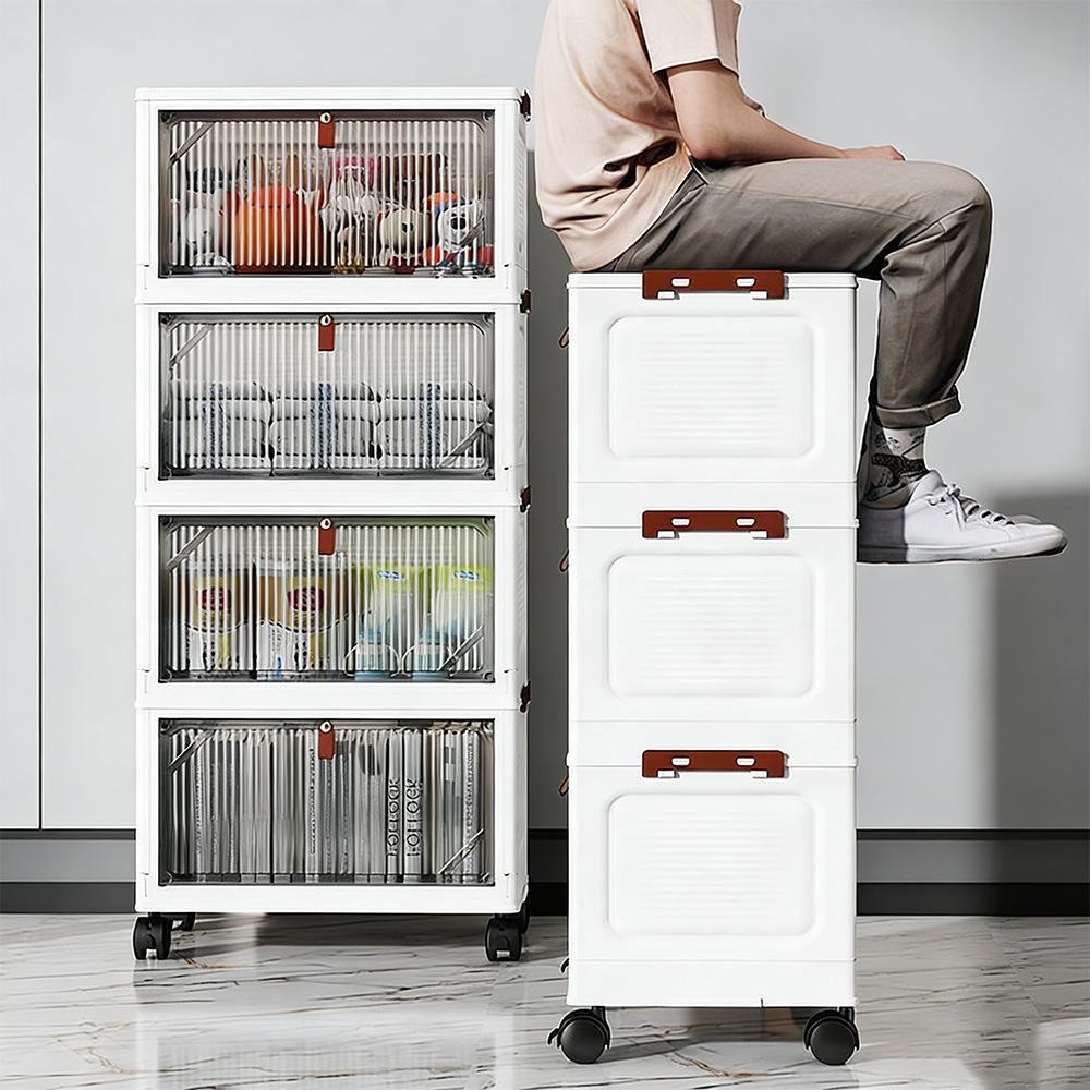 The latest multi-layer stackable transparent door storage cabinet, foldable plastic storage drawers with rollers, space-saving wardrobe storage supplies, suitable for kitchens, bedrooms, bathrooms
