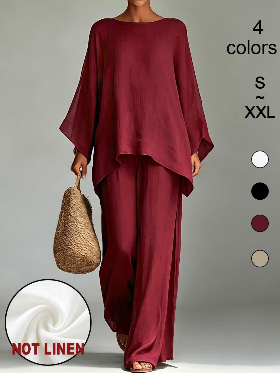 D7541 Women Fashion 2-Piece Matching Set, Batwing Sleeve Top & High Waist Wide Leg Pants, Asymmetrical Hem Trendy Streetwear Outfit.