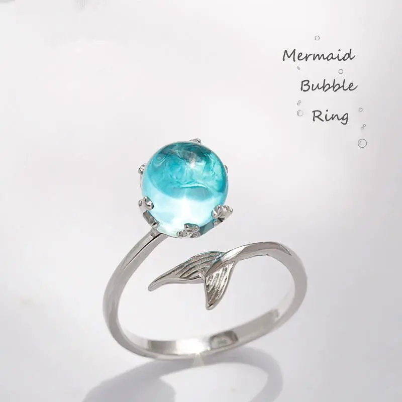 Women's Silver-Plated Adjustable Size Fashion Blue Mermaid Bubble Fish Tail Wrap Ring, Costume Jewelry Engagement Ring, Engagement Rings