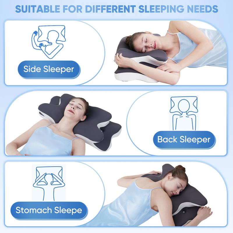 Supportive Memory Foam Cooling Neck Pillow, Zoned Contour Pillow for Side, Back and Stomach Sleepers, Washable Breathable Queen-Size Pillowcase