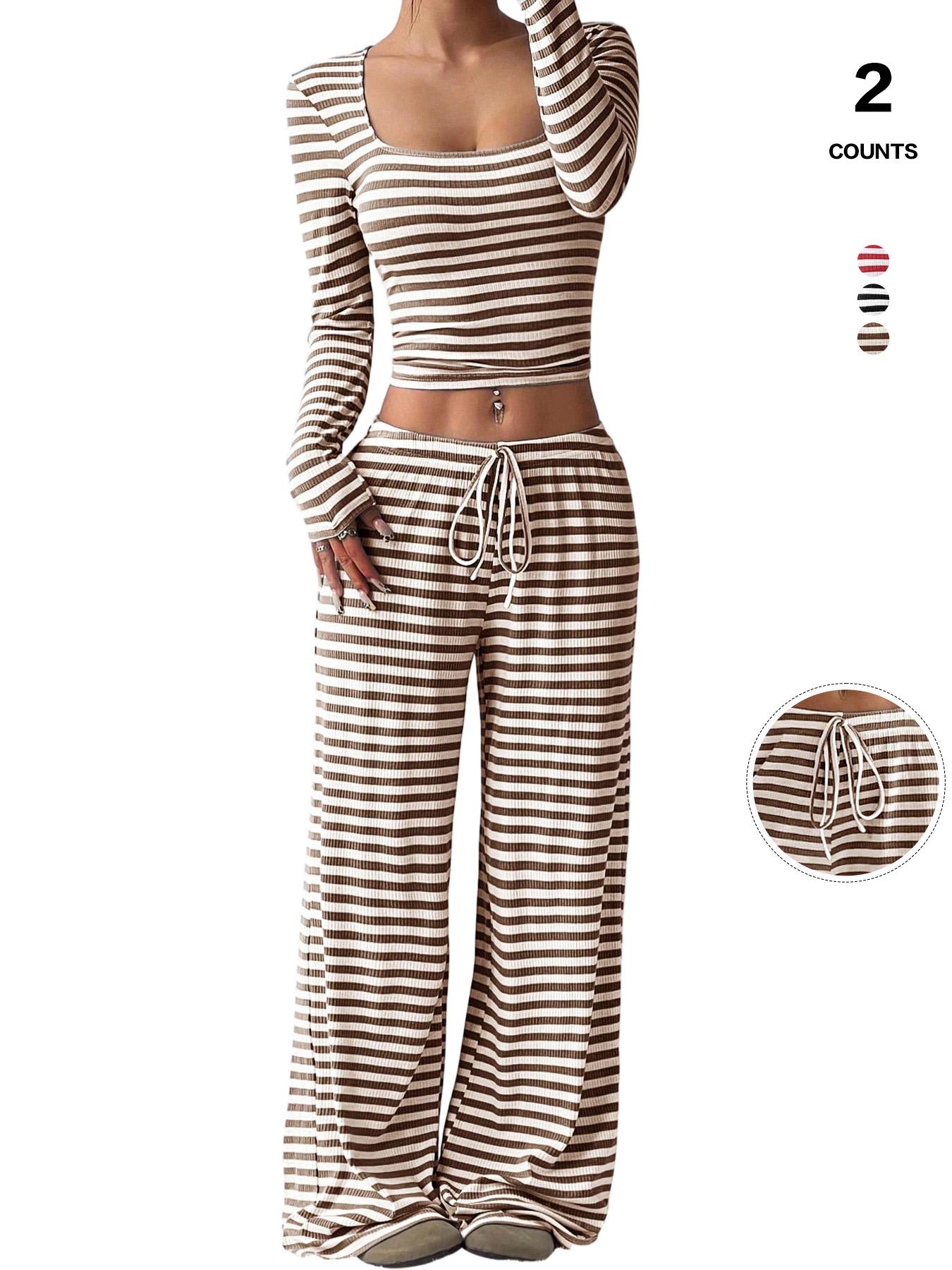 2026 Women's 2 Piece Y2K, Striped Ribbed Knit Long Sleeve Square Neck Crop Top, High Waist Drawstring Wide Leg Pants Loungewear Set