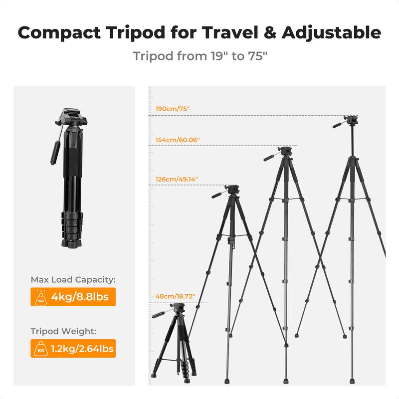[K&F CONCEPT]K&F Concept Camera Tripod, 75" Lightweight Portable Travel Outdoor DSLR Tripods for Camera Phone Video Recording Tripod Stand, Cellphone Clip for Smartphone Live Streaming Vlog, Black, deskmount
