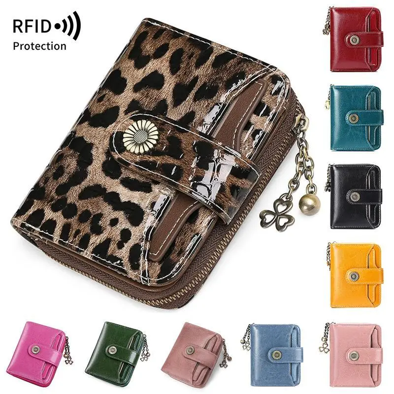 Women's Casual Chic Basic RFID Blocker Oil Wax Leather Wallet - Small Leopard Print, Bifold Billfold, 2 ID Windows, Compact Size, Multiple Card Slots, Zippered Coin Pocket, Sunflower Snap Card Holder, Rfid Shielded Wallet, Credit Card Wallet