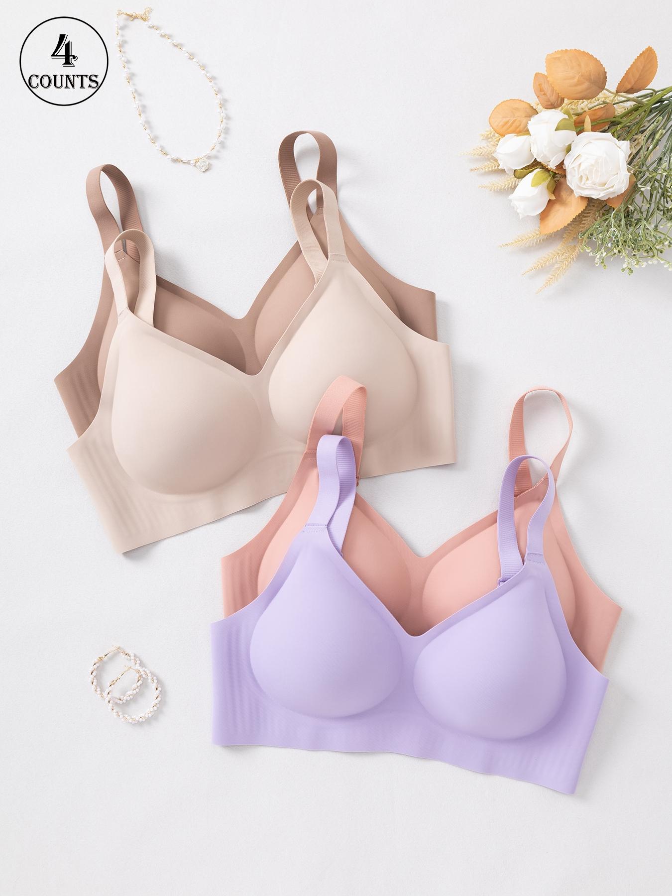 women's 4-piece solid color seamless jelly bras set, Wireless Seamless Bra, with hooks and adjustable shoulder straps, no underwire for Light Support and Smooth Back, Underwear