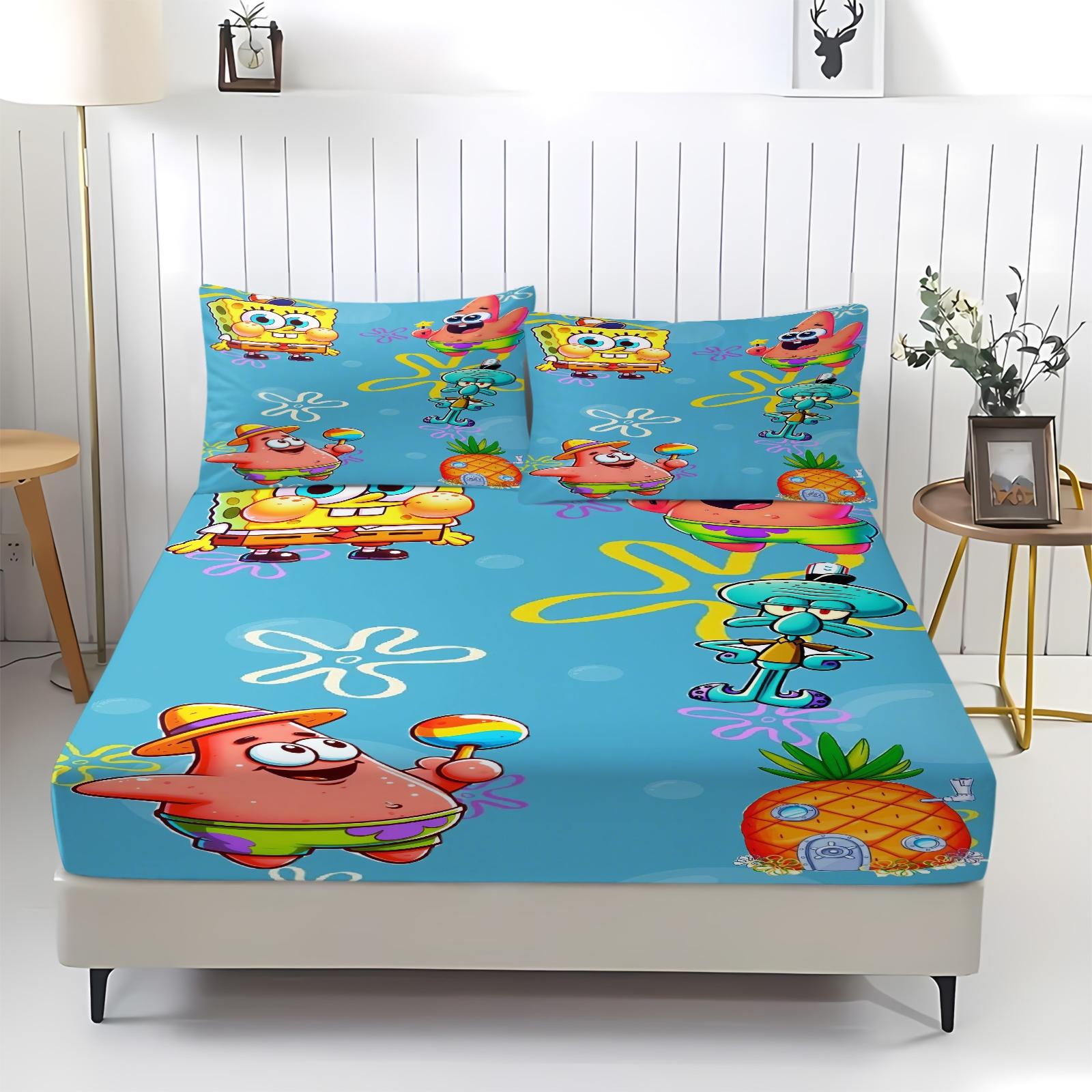3 Piece Spongebob Pattern Fitted Sheet Set, Soft And Durable Bedding Set Includes 1 Piece Flat Sheet And 2 Pieces Pillowcases, Daily Holiday Birthday Gift Bedroom Decorations For Kids And Adults